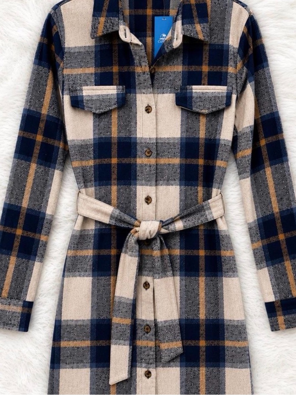 WOMEN’s XL Cupshe New w Tag Plaid Belted Shirt Jacket — Navy, Cream & Tan